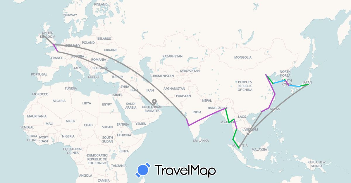 TravelMap itinerary: driving, bus, plane, train, boat in United Arab Emirates, China, France, United Kingdom, Hong Kong, India, Japan, North Korea, South Korea, Myanmar (Burma), Malaysia, Thailand, Vietnam (Asia, Europe)